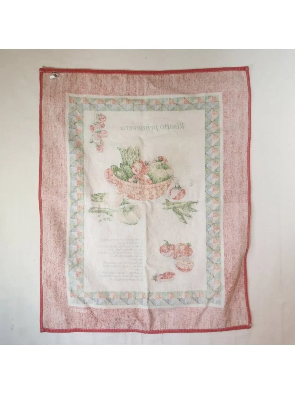 70s Vintage Zucchi Italy Risotto Primavera Cotton Tea Towel Red Recipe Kitchen